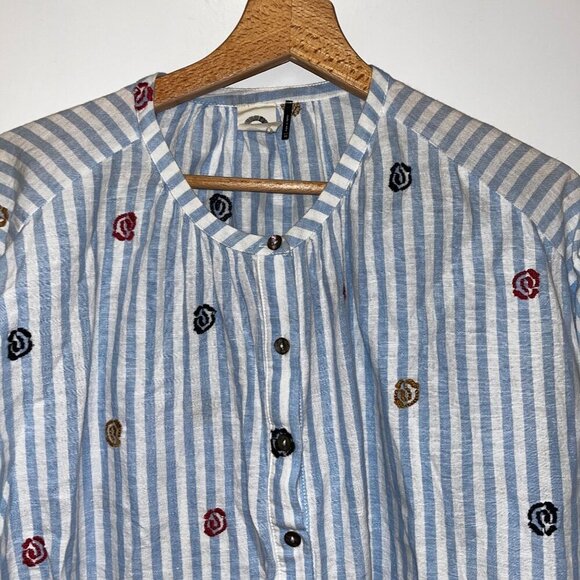 Anthropologie Akemi + Kin Striped Button-Up Blouse With Embroidered Floral Patte - Picture 4 of 9